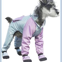 Dog Raincoat with Transparent Hood, Waterproof Jacket for Small Dogs with Snap-Button Chest, Leash Hole & Hook-and-Loop Cuffs Sleeves, Back Pocket for