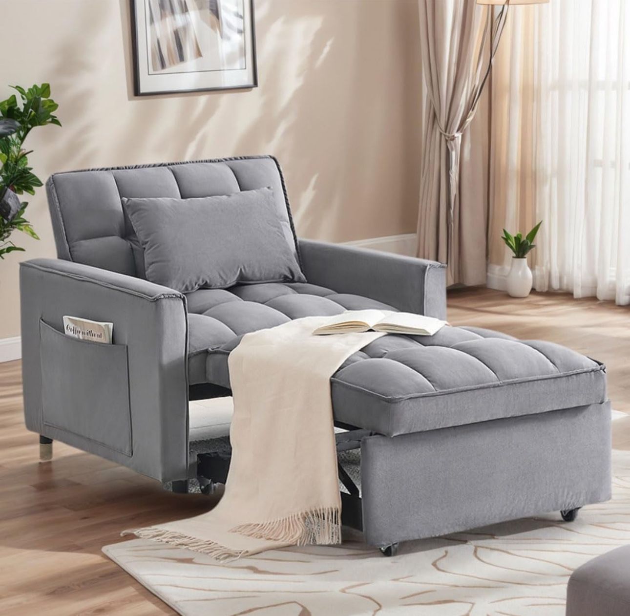 Brand new 3 in 1 Convertible Sleeper Chair, Modern Pull Out Couch Bed Single Recliner with Adjustable Back, Velvet Futon Folding Sofa Bed Chair for Li