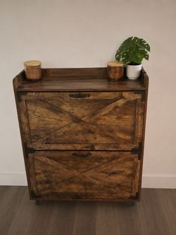 Rustic Wood Shoe Cabinet with Barn Door Drawers