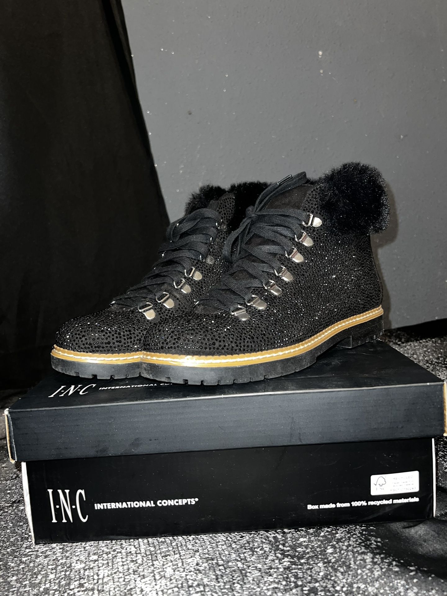 INC Black Sparkle Boots With Fur
