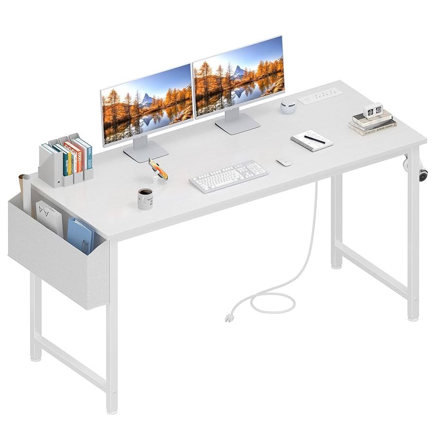 NEW- White Computer Desk with Power Outlet, 55 inch Teen Study Table Home Office Work Writing Gaming Desks with Charging Station Outlets Built in, Whi