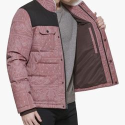 Levi's Mixed Media Quilted Down Parka Coat Sherpa Trucker Jacket Red Bandana NEW