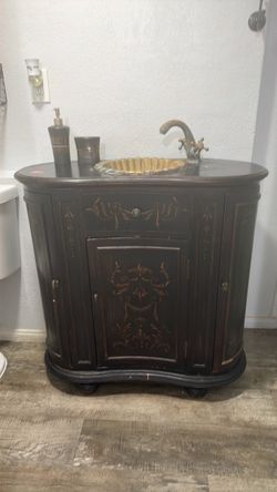 Ornate Black Bathroom Vanity with Vessel Sink