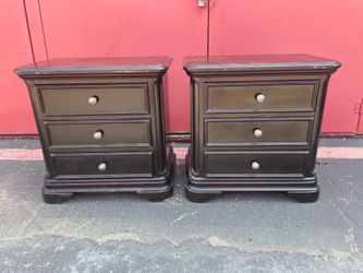 Two tall wood three drawer night stands bed side end tables