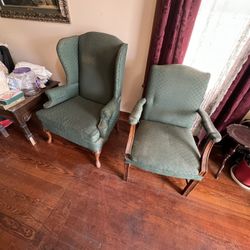 Vintage Green Queen Anne Wooden Wing Chairs