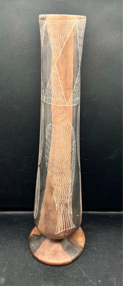 African Etched Soapstone Fish 12” Vase
