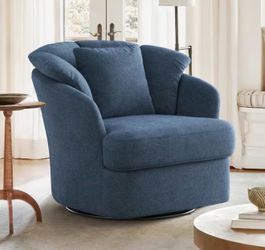 Rowena Oversized Blue Fabric Upholstered Swivel Accent Chair with Double Cushion Modern Swivel Barrel Chair