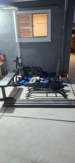Home Gym Set - Bench, Rack, Barbell, Total 500 lbs Weights + Trap Bar, etc.