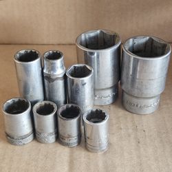 Mixed Lot of 9 Sockets – Snap-on, Proto, Bonney, AmPro, Industro (Vintage & Functional)