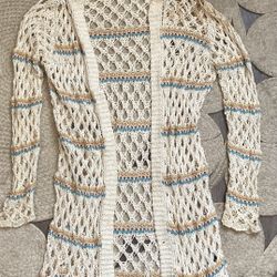 Cream Open-Knit Hooded Cardigan with Stripes & Fringed - Bohemian Style