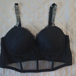 Victoria's Secret Black Lace Push-Up Corset Bra 38D Rhinestone Straps