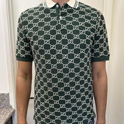 Gucci Monogram Logo Short Sleeve Polo. Green and Cream. Size Large!