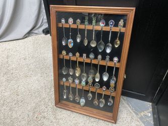 Vintage Lot of Souvenir Spoons in Display Case