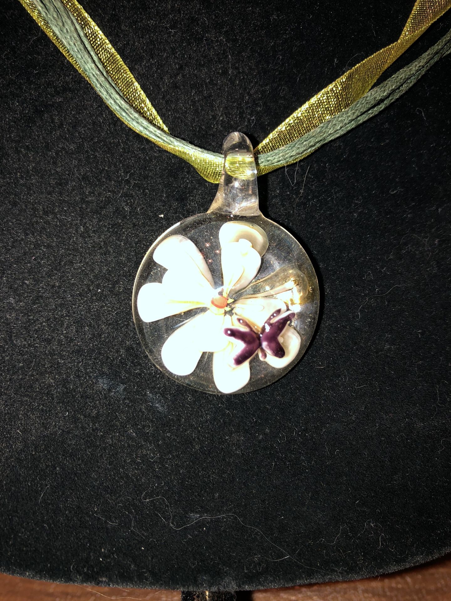 Green And Yellow Glass Flower And Butterfly Pendant Necklace