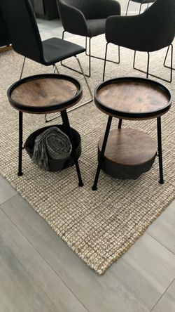 Round Wood and Black Metal Side Tables – Set of 2