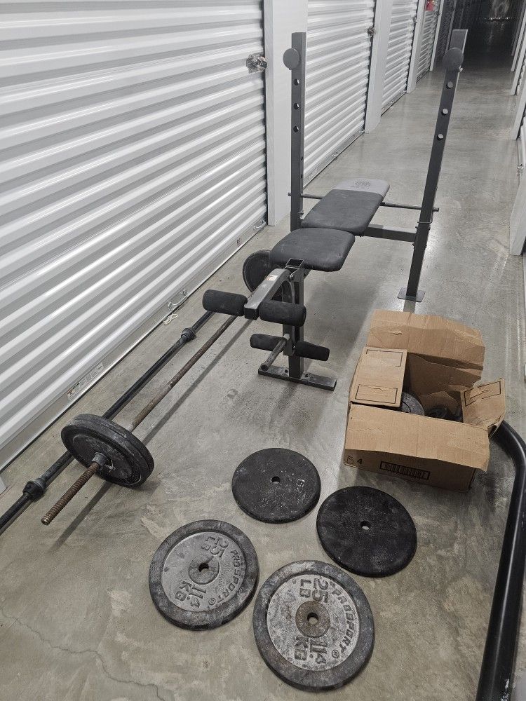 Weight bench set, w. 2bars + dumbbells