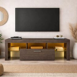Modern Stand Console with LED Lights and Tempered Glass Shelves for TVs up to 55” , Brown E-31