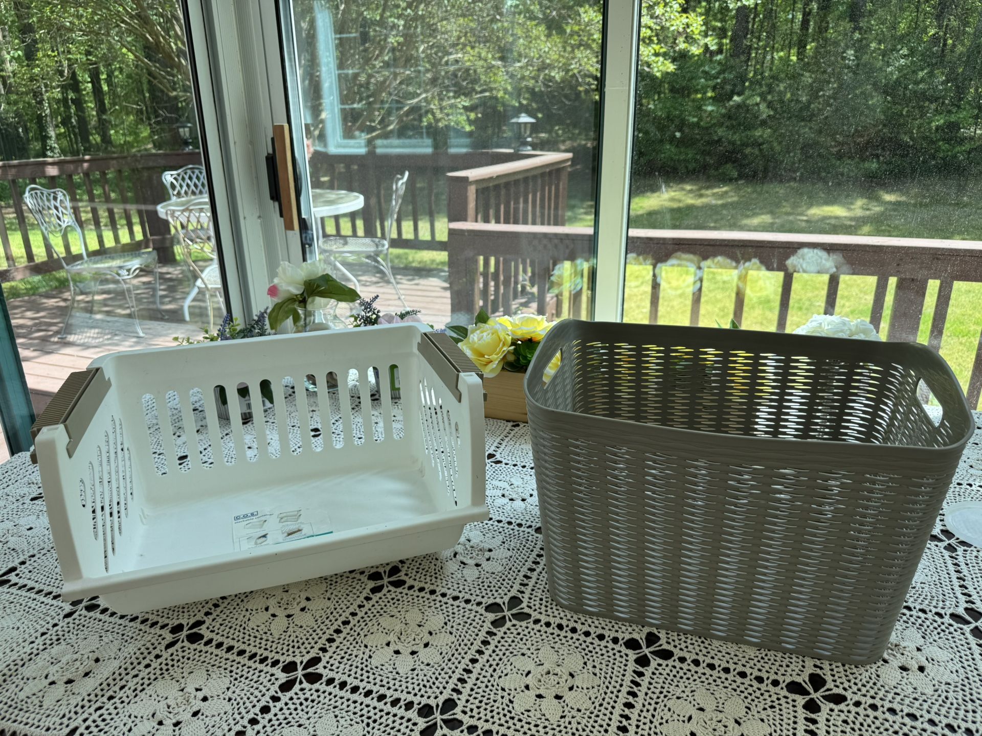 Lot Of 2: Brand New White Plastic Storage Bin with Clips 16x11x7 in.2) Essential Wave Storage Basket