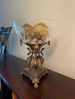 Crystal Bowl on Ornate Brass Pedestal Stand