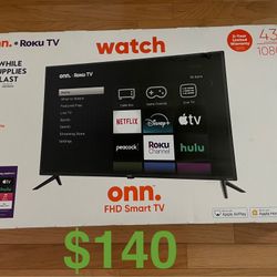 Onn Smart TV 43 Inch Roku 1080P Brand New Sealed In Box. Cash only. Price is not negotiable. For pickup in Carrollwood (near intersection of Bearss Av