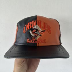 Vintage 90s Baltimore Orioles Leather Snap Back Hat Two Time