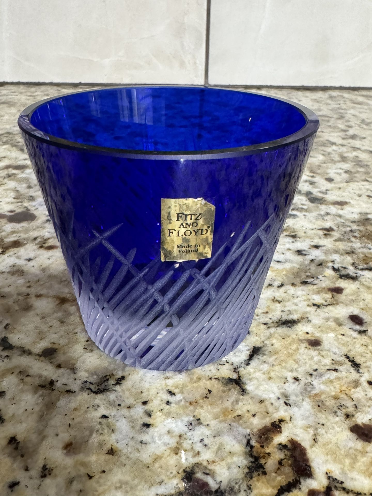 Fitz & Floyd Cut Etched Blue Crystal Glass 3" Votive Candle Holder