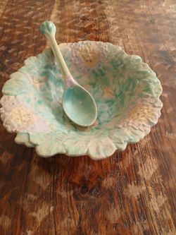 Vintage Majolica Bowl and Serving Spoon