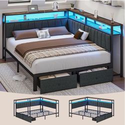 Queen Corner Bed Frame with Storage Drawers, Modern Daybed with LED Lights and Charging Station, Metal Platform Bed Frame Queen Size with Linen Uphols