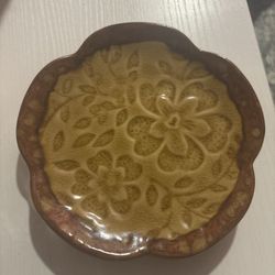 French Brown Glazed Stoneware Pottery Embossed Flower Candle Holder Pier One
