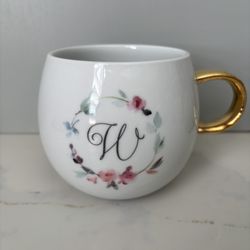 Fringe Studio Initial "W" Floral Wreath coffee mug With Gold Handle 