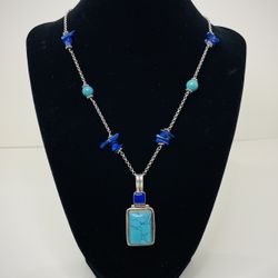 Sterling Silver 925 Lapis Lazuli Turquoise Bead And Pendant Necklace