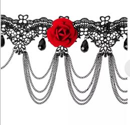 Black Lace Choker with Red Rose and Chains
