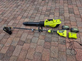 Ryobi weed wacker,blower, two 40v 4ah batteries, and charger