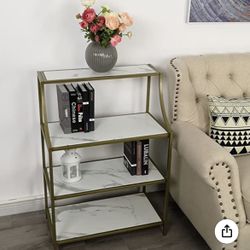 Narrow Console Table, Entryway Table, Gold Metal Frame White Marble Texture MDF Top with 4-Tier Shelving Storage, Modern Sofa Table for Hallway 