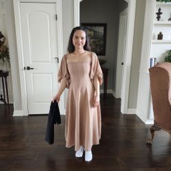 Summer Women VTG Solid Color Square Collar Korean Midi Dress with Puff Sleeve