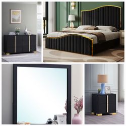 4 PC KING BEDROOM SET NEW IN BOX (MATTRESS AND CHEST SOLD SEPARATELY)