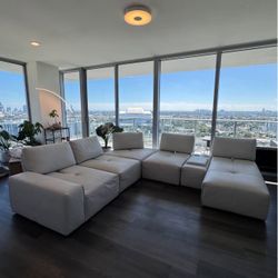 Modern 6-Piece Leather Sectional Sofa with Bluetooth Speaker, Power Outlets & Storage- Platinum Gray  