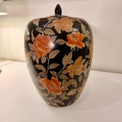 Vintage Vase WBI Chinese Porcelain Hand Painted 10" Ginger Jar Black Floral Roses. Heigh 10 Inches . Width 7 Inches.