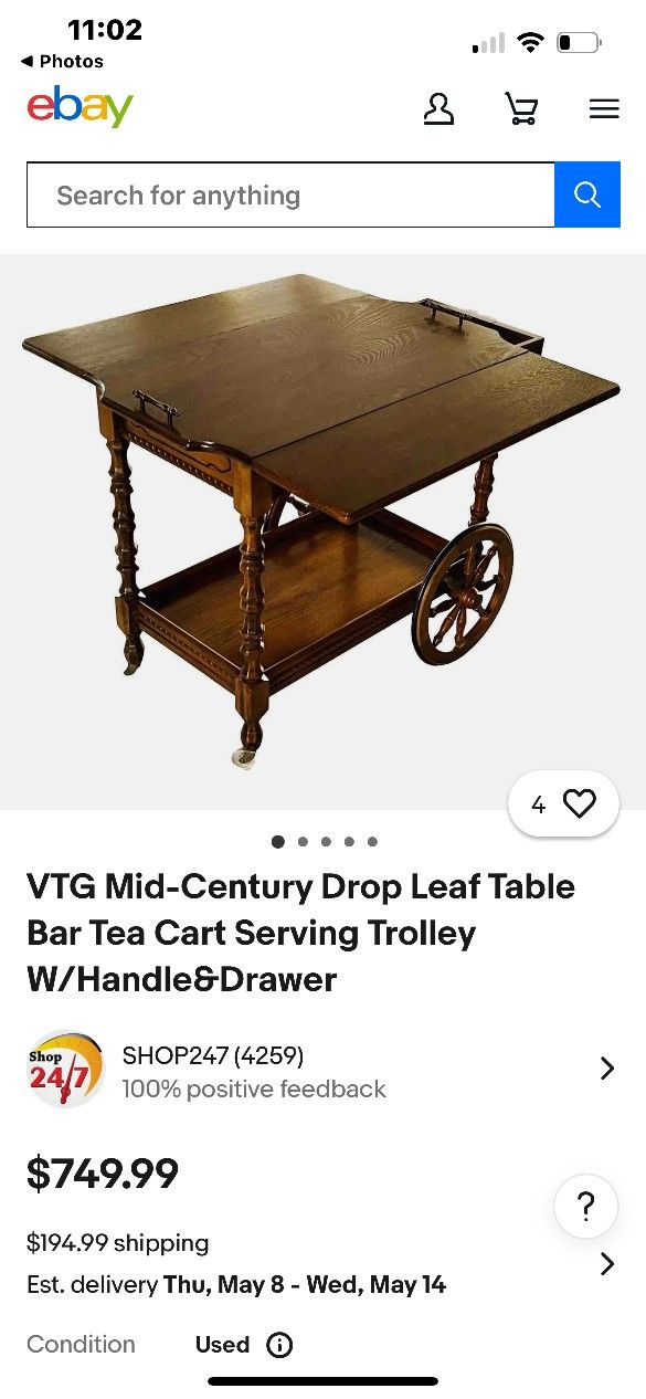 Antique Mid-Century Drop Leaf Table Bar Cart