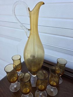 Amber Glass Pitcher and Cordial Glasses Set