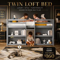 Twin Low Loft Bed for Kids with Built-in Shelves Led Lighting and Play Space - White worth $390