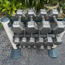 SET OF DUMBBELLS & 3 TIER DUMBBELL RACK : (PAIRS OF) :  3s  5s  10s  15s  20s  25s  30s  35s.