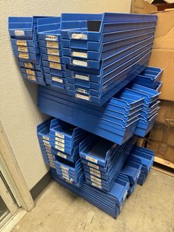 120 Uline Blue Plastic Shelf Bins 7x24x4" + 130 Dividers – Bulk Lot