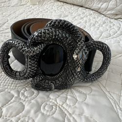 Black Leather Belt  with Snake Metal Buckle 
