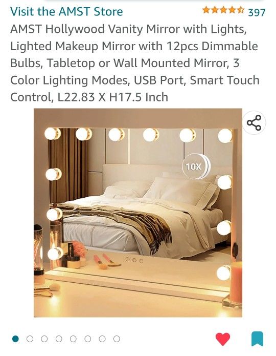 Hollywood Vanity Mirror with Lights, Lighted Makeup Mirror with 12pcs Dimmable Bulbs, Tabletop or Wall Mounted Mirror, 3 Color Lighting Modes, USB Por