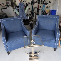 Blue Linen Nautical Chairs + Metal Anchor Glass Side Table