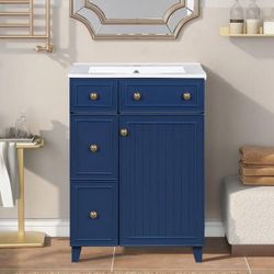 NEW Blue 24 in. W Freestanding Bath Vanity with White Ceramic sink, 2 Drawers and 1 Door