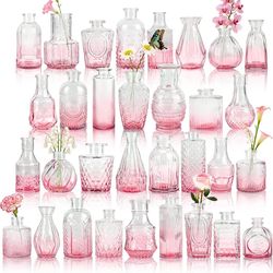 Der Rose Glass Bud Vases Set of 32 Small Pink Flower Vases for Rustic Wedding Centerpieces Table Decorations and Home Office Decor(Pink)