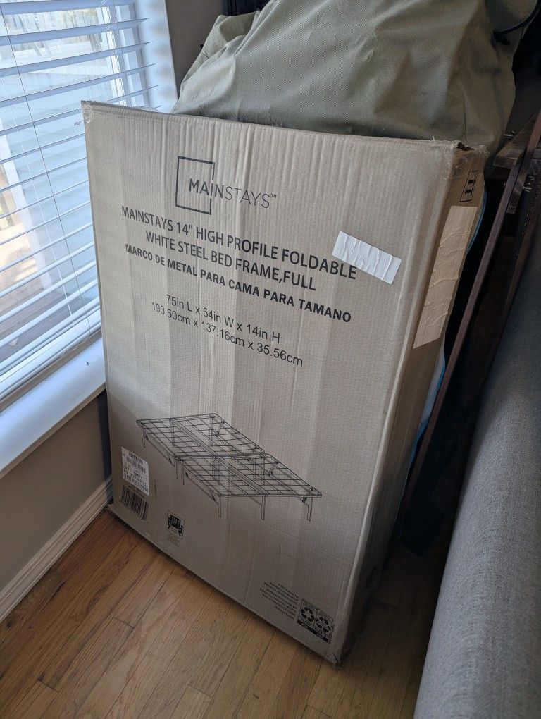 Mainstays 14" High Profile Foldable White Steel Bed Frame, Full