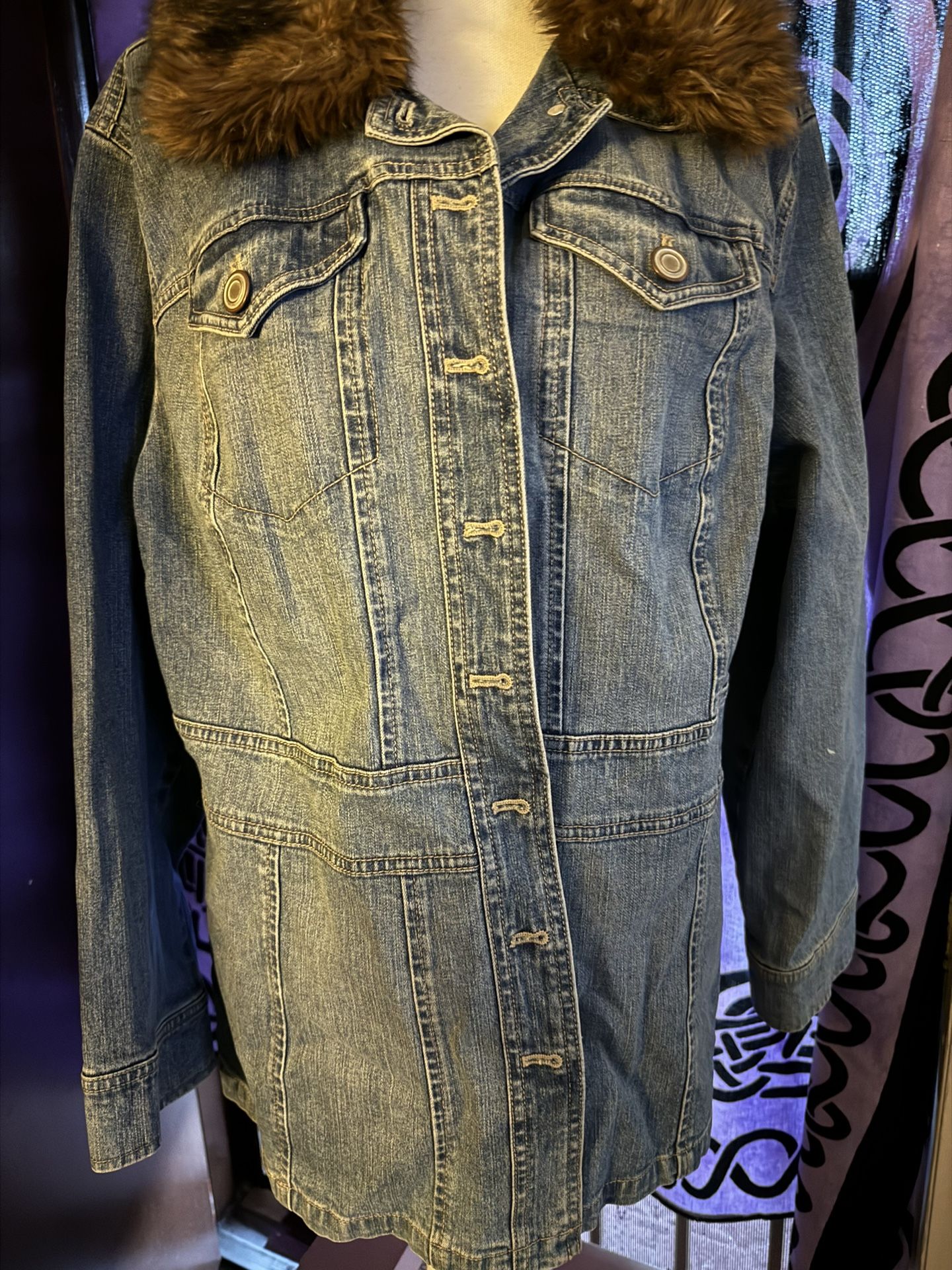 Denim Coat With Faux Fur Collar